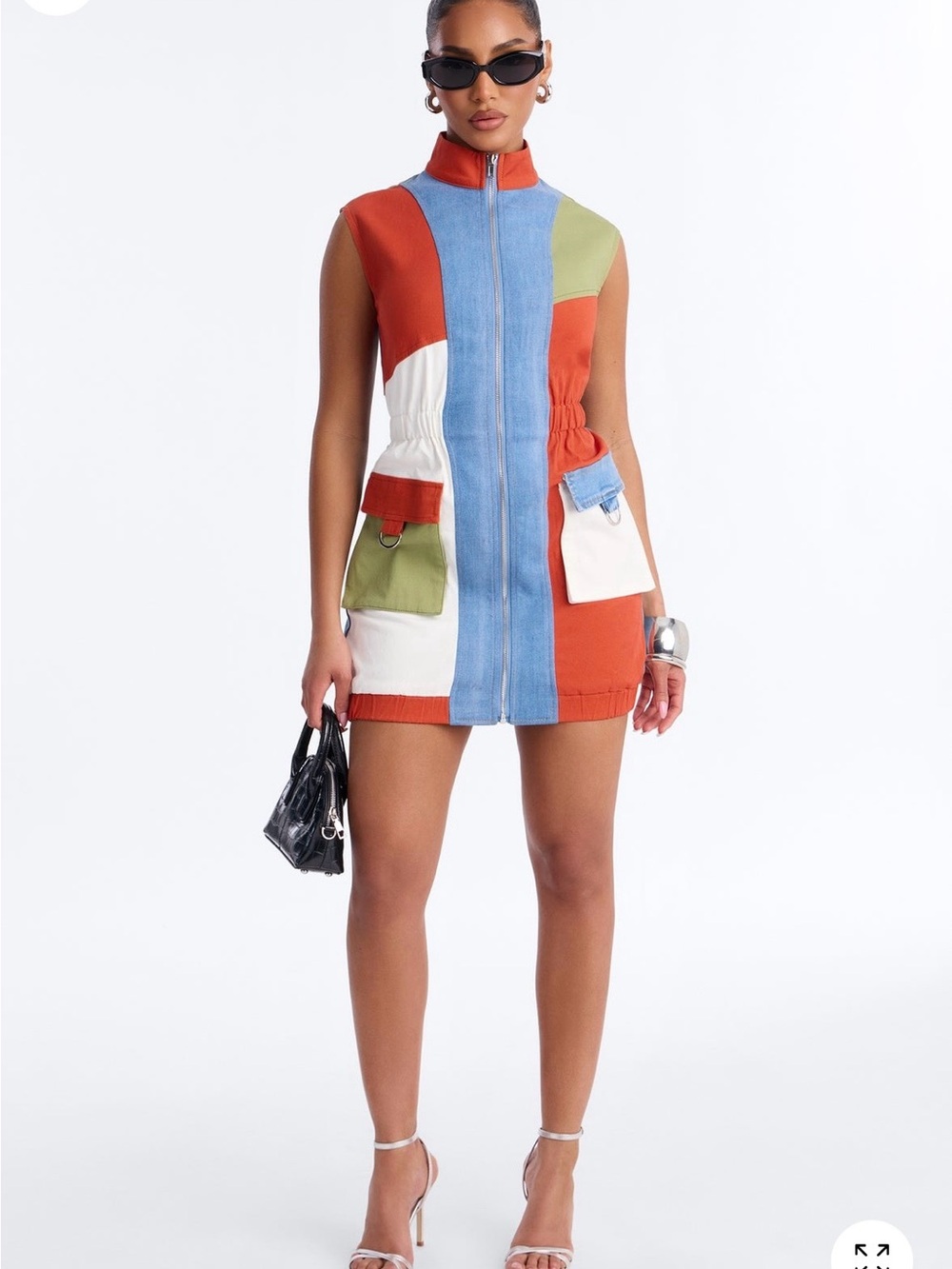 Colorblock Zip-Front Sleeveless Mini Dress - Orange/Blue/White